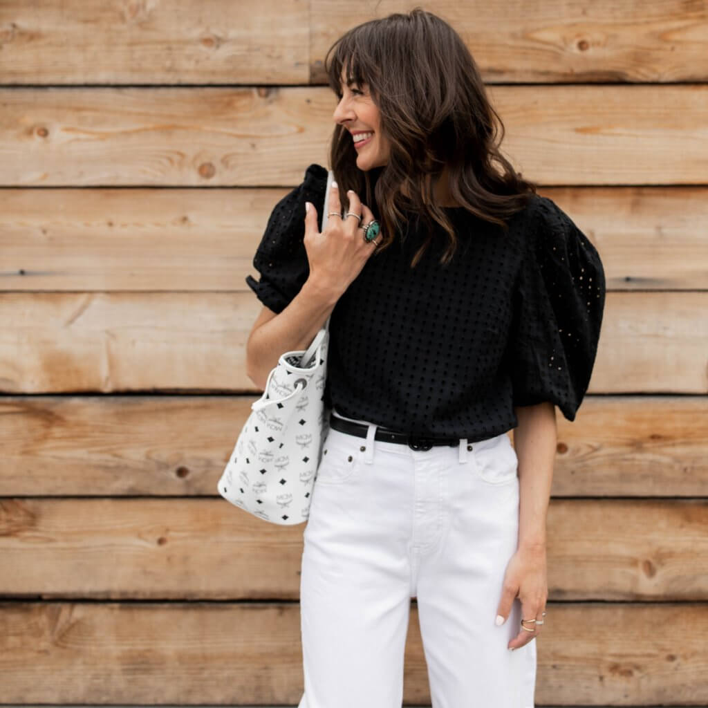puff sleeve black eyelet blouse summer caspule wardrobe thin black on black .8" gucci belt mcm monogram tote
stacking rings